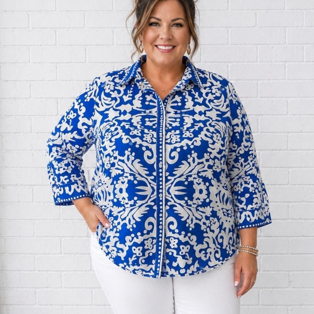 Sugarlips Curve Blouse Womens 2XL Blue White Abstract Button Front Collared NWT